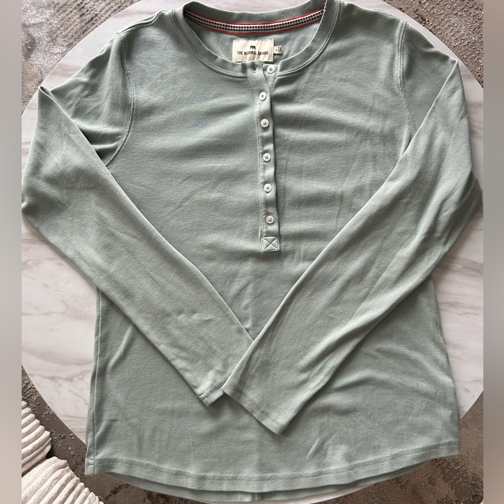 The Normal Brand Puremeso Everyday Long Sleeve Henley Mint Sage Green Sz Small